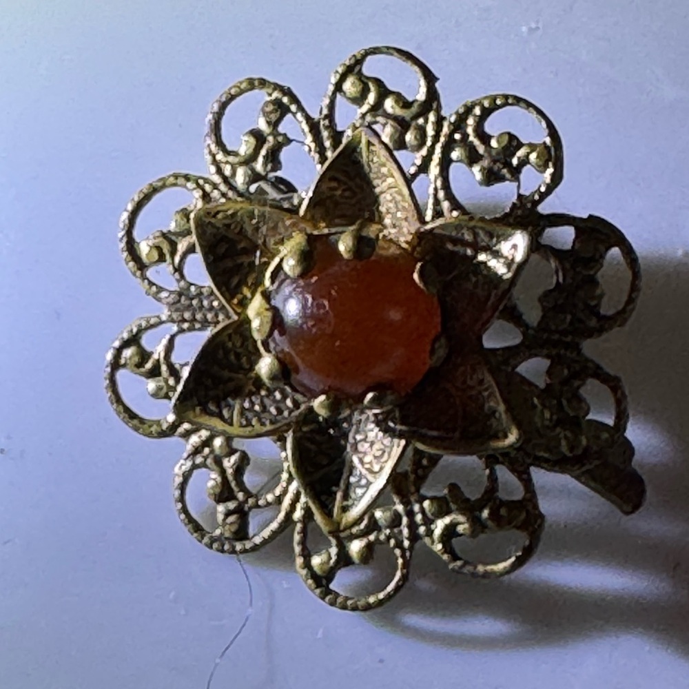 Gold tone and Red Victorian Filigree Pin